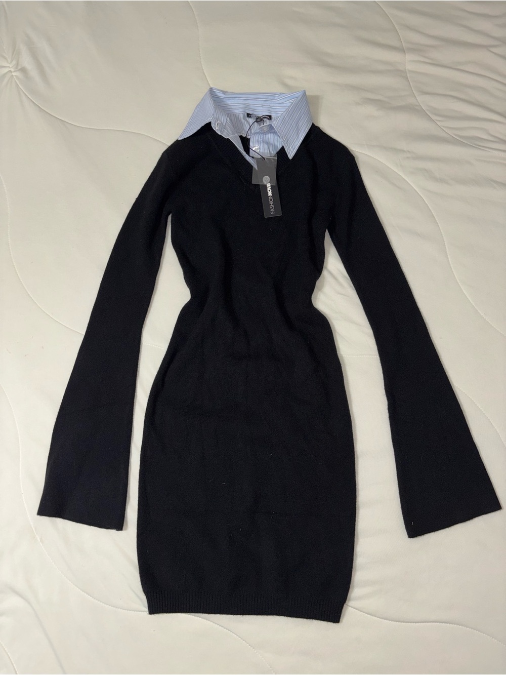 Black Long-Sleeve Sweater Dress with Blue Shirt Collar